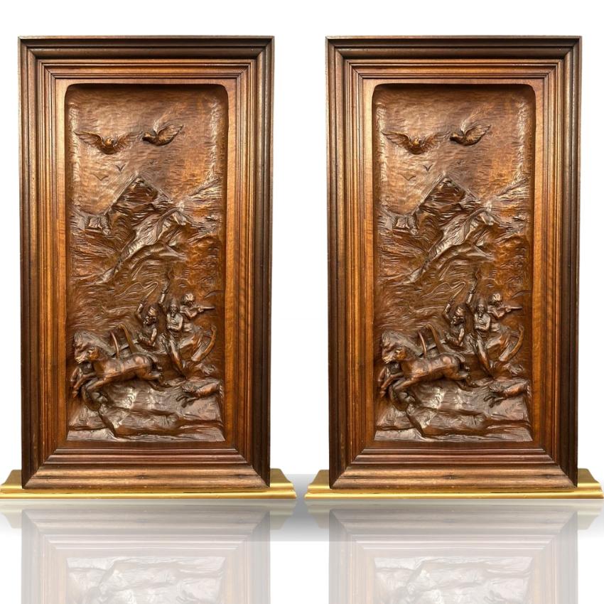 Black Forest geschnitzt Pferd Relief Panel Deutsch Jagd Szene 1880 im Zustand „Gut“ im Angebot in Potters Bar, GB