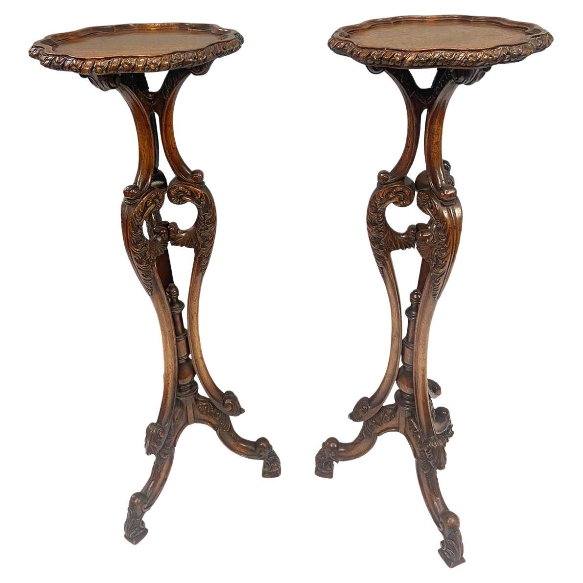 Pair English Pedestal Stands Walnut Rococo Tables For Sale