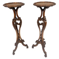 Pair English Pedestal Stands Walnut Rococo Tables
