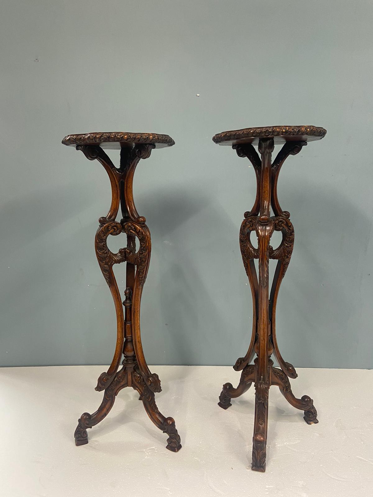 Pair English walnut finely carved pedestal stands in the Rococo manner
Circa 1920
Bought from a private house sale in London's Hampstead
Supported by three intricately carved cabriole legs, which are joined at the base by a turned stretcher
Each