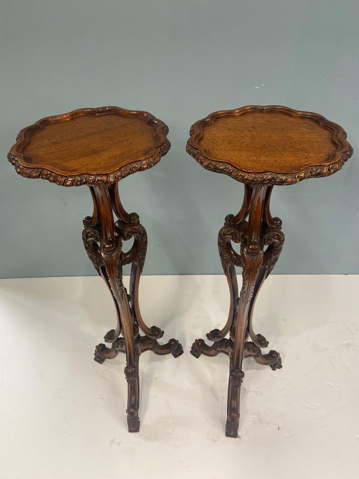 Early 20th Century Pair English Pedestal Stands Walnut Rococo Tables For Sale