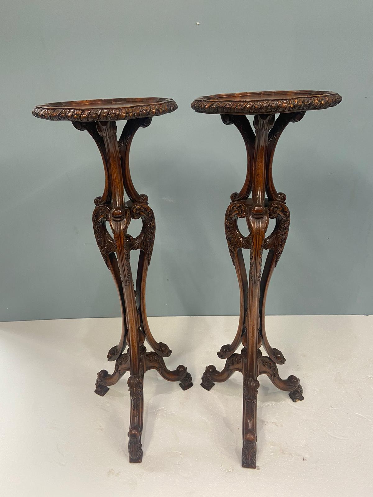 Pair English Pedestal Stands Walnut Rococo Tables For Sale 1