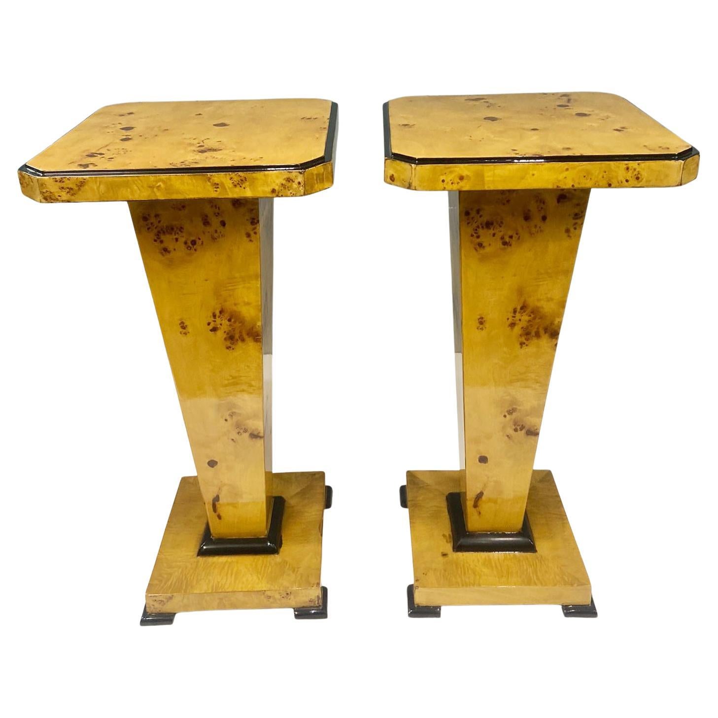 Pair Art Deco Pedestal Stands Walnut Tables