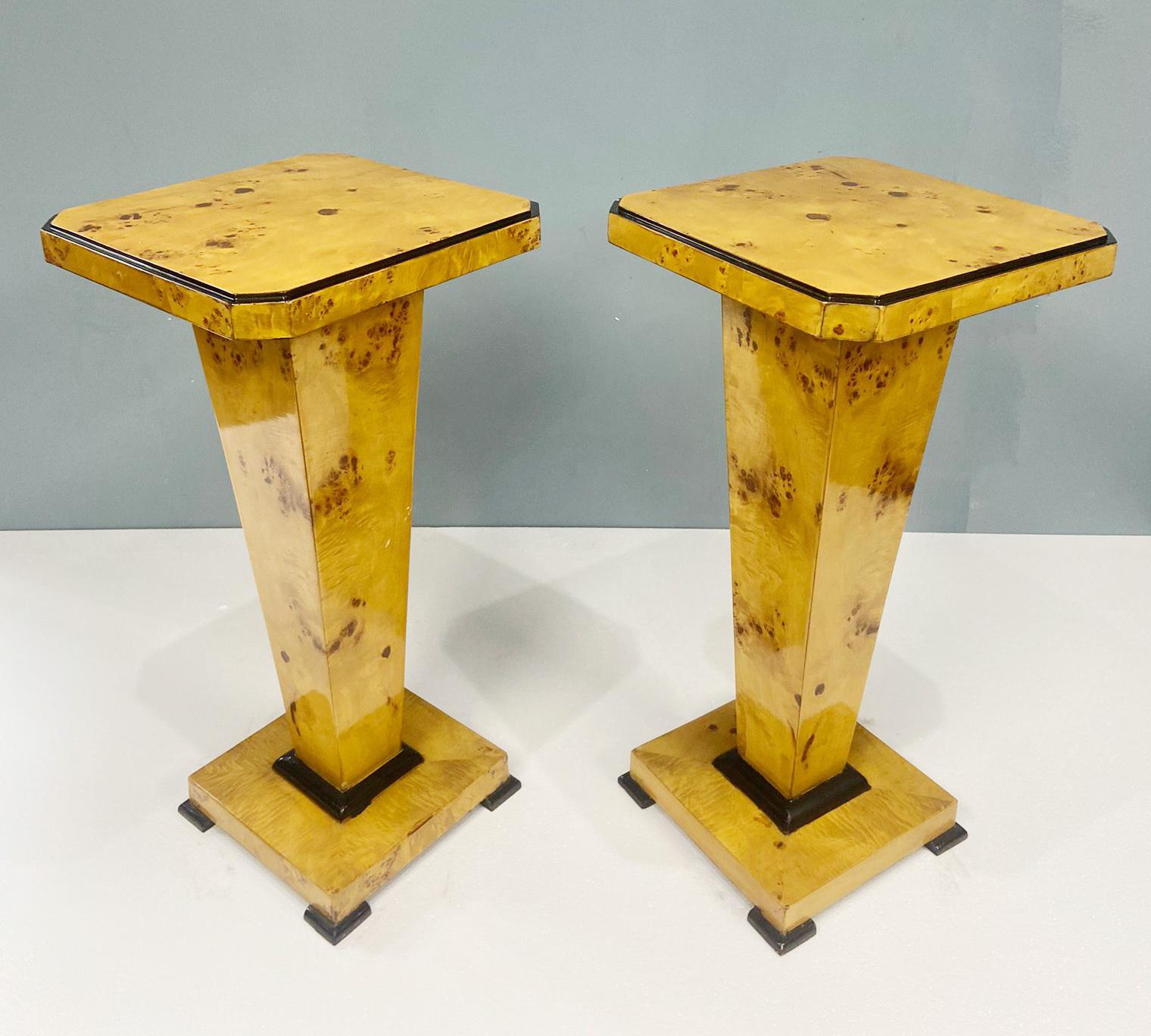 Late 20th Century Pair Art Deco Pedestal Stands Walnut Tables For Sale