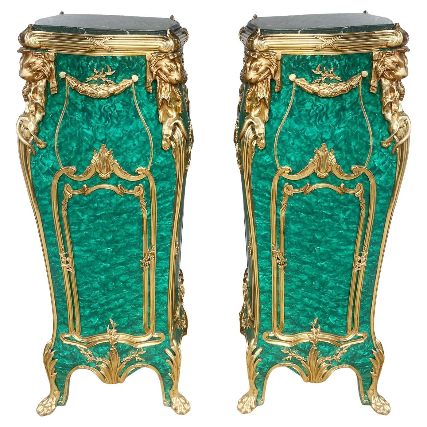 Pair French Malachite Pedestal Stands Napoleon III Revival Linke
