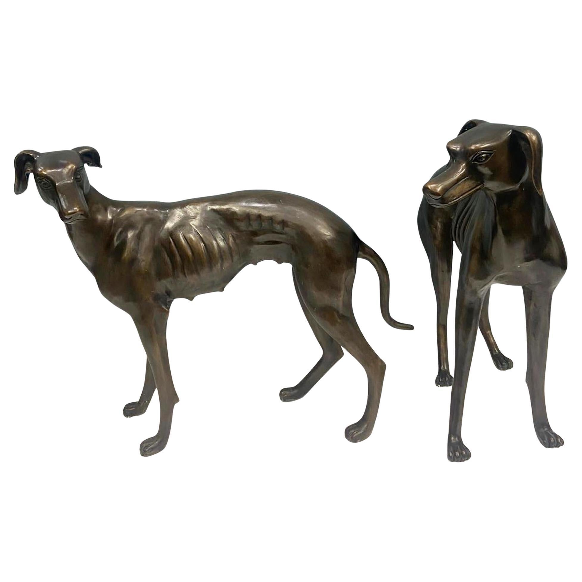 Pair Bronze Greyhound Dogs Art Deco Sculpture Whippet Canine