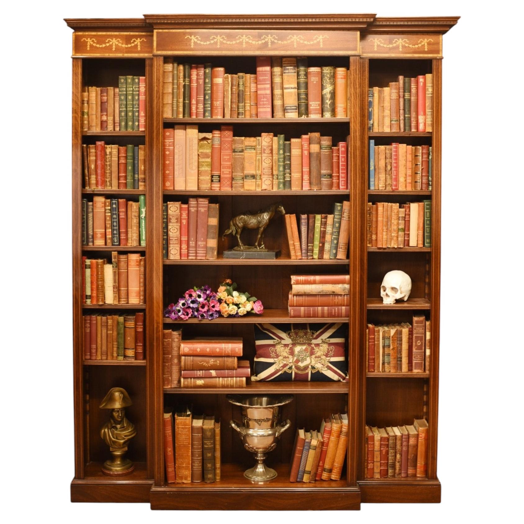 Mahogany Breakfront Bookcase - English Sheraton Open Bespoke