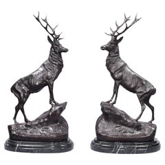 Bronze Stags Signed Moigniez Pair Stag Moose Elk Statues