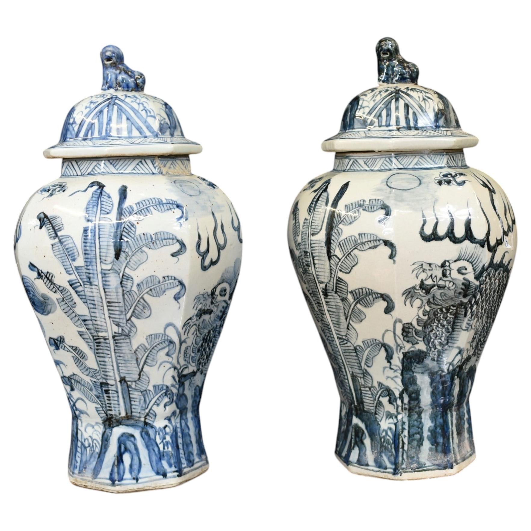 Pair Blue and White Porcelain Temple Jars Ming Foo Dogs