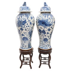 Pair Chinese Porcelain Temple Urns Blue and White China Nanking