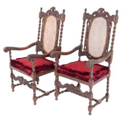 Pair Cromwellian Arm Chairs Oak Barley Twist Carved Farmhouse