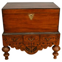 Antique Portuguese Inlaid Linen Trunk Marriage Chest 1800