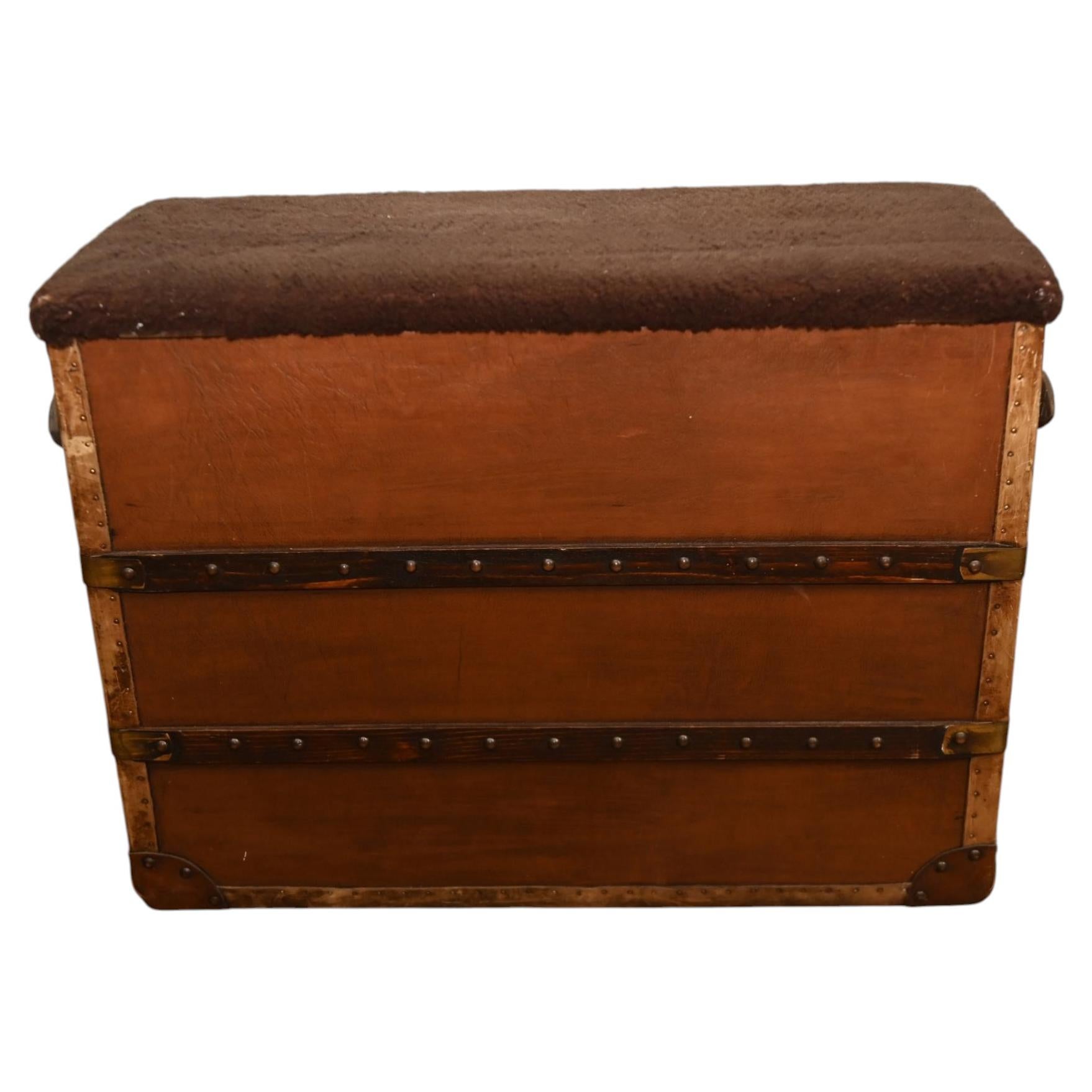 Vintage Travel Trunk Leather Stool Bench Ottoman For Sale