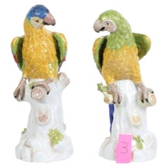 Pair Porcelain Parrots Statues Tropical Bird