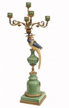 Pair French Porcelain Parrot Candelabras Ormolu Stands