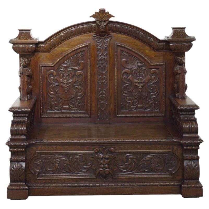 Italian Carved Hall Bench Renaissance Oak Settle