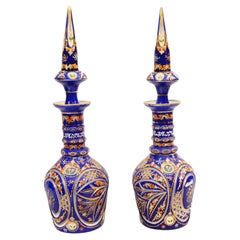 Pair Bohemian Glass Lidded Urns Tall Vases