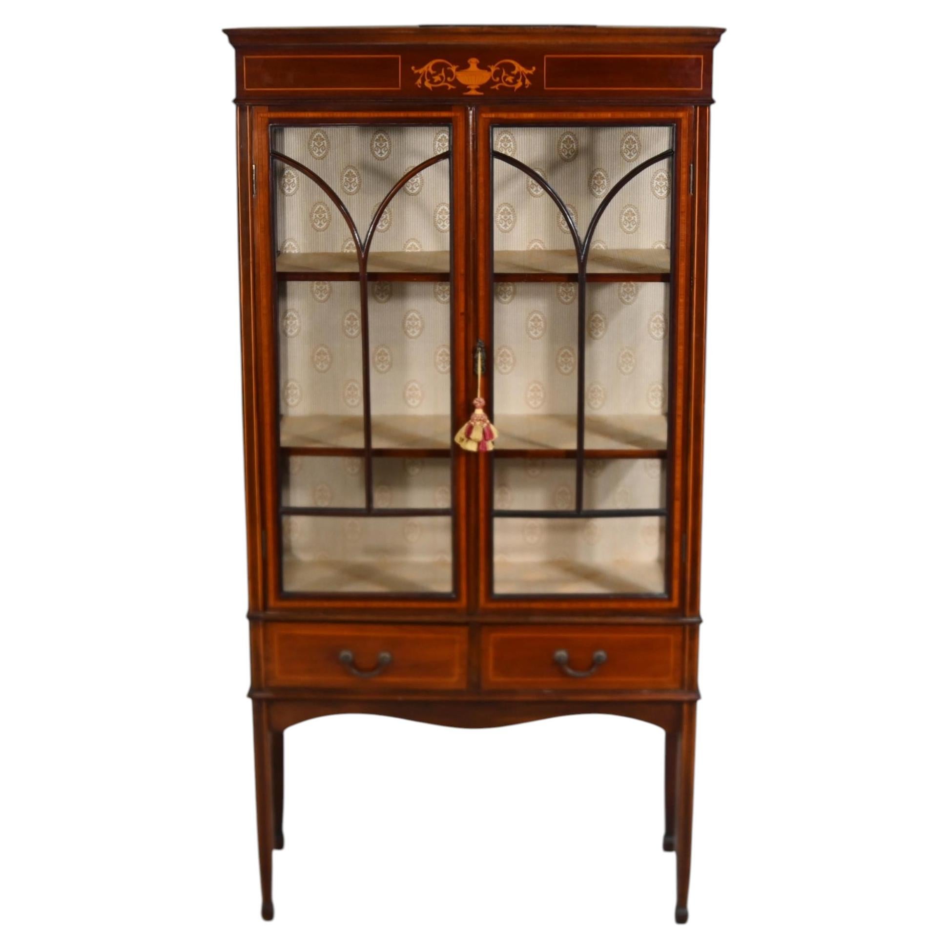 Edwardian Display Cabinet Mahogany Inlaid China Vitrine Circa 1910 For Sale