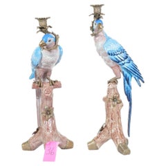 Pair Porcelain Parrot Candelabras Tropical Bird Candles