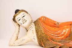 Reclining Nepalese Buddha Statue - Painted Buddhist Interiors Sculpture