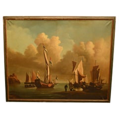 Antique Dutch Maritime Oil Painting Seascape Boat