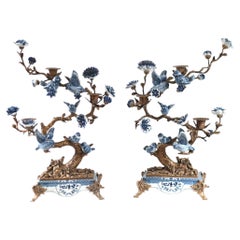 Blue White Porcelain Bird Candelabras Gilt Candelsticks