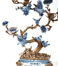 Blue White Porcelain Bird Candelabras Gilt Candelsticks