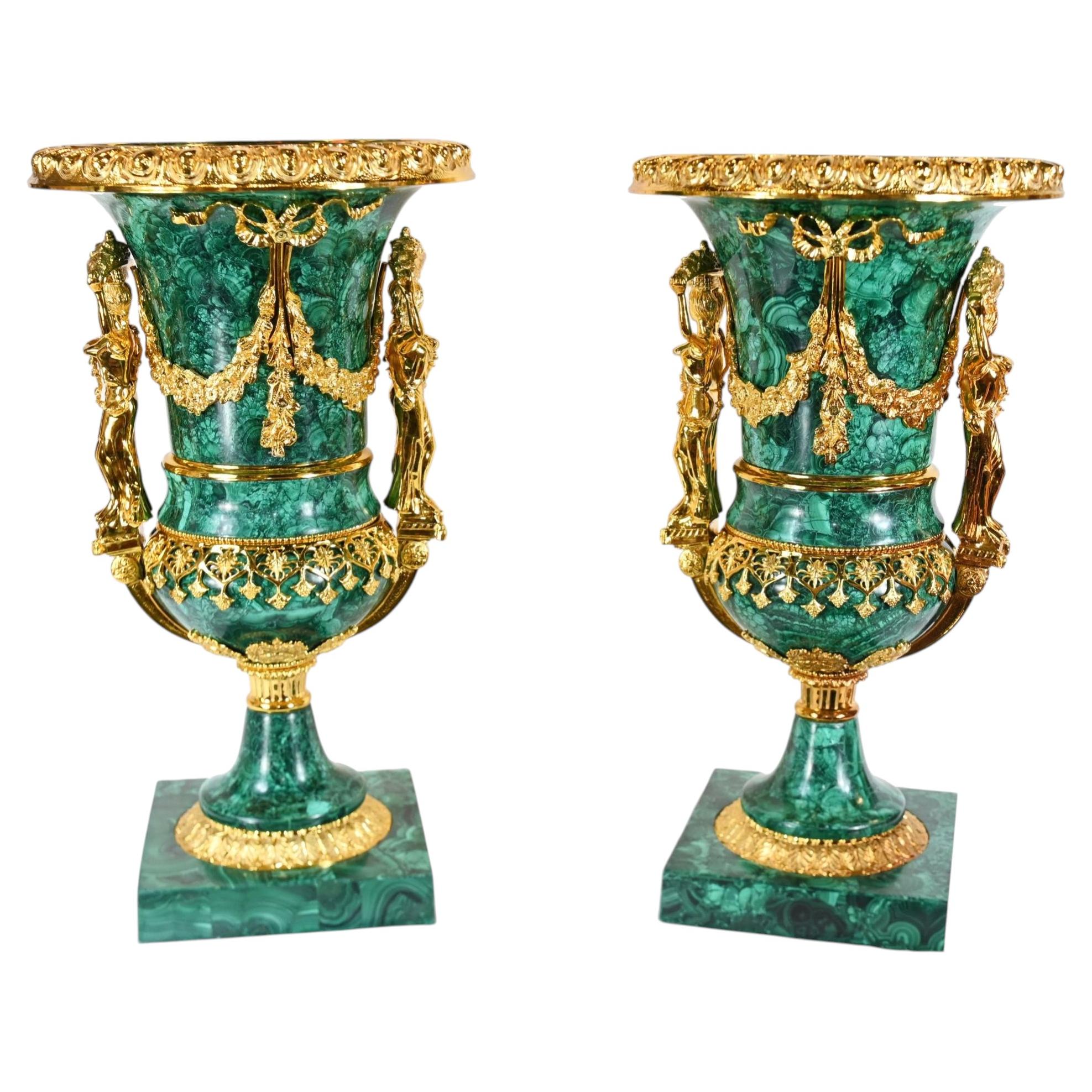 Pair Malachite Urns French Empire Campana Vase Classical For Sale