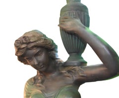 Pair XL Bronze Classical Maiden Statues Garden Urn Italian 8 FT