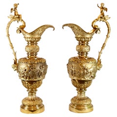 Monumental French Gilt Jugs Ewers 1840 Bacchus Cherub