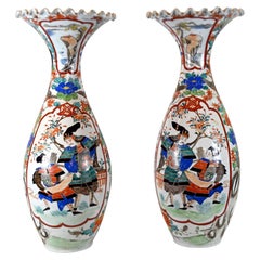 Pair Japanese Imari Porcelain Vases Pottery Urns