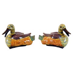 Pair Chinese Cloisonne Ducks Qianlong Bird Statue