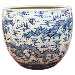 Chinese Blue and White Porcelain Planter Qing Urn Dragon Bowl