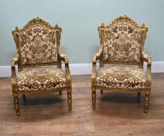 Pair French Armchairs Gilt Louis XVI Style Giltwood