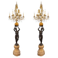 Pair XL Bronze Maiden Candelabras Floor Lamps Monumental French Empire 9 Ft