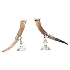 Pair French Silver Plate Horn Vases Stands
