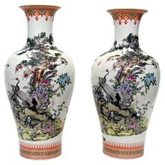 Pair Chinese Famille Rose Porcelain Vases Crane
