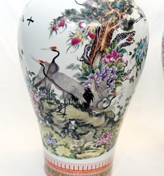 Pair Chinese Famille Rose Porcelain Vases Crane