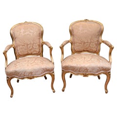 Pair French Louis XV Gilt Chairs Fauteuil Armchairs