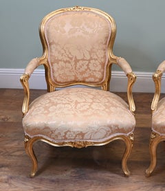Pair French Louis XV Gilt Chairs Fauteuil Armchairs