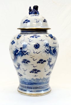 Chinese Blue and White Temple Jar Crackle Glaze Dragon Porcelain Vase