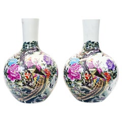 Pair Large Chinese Famille Rose Vases Phoenix and Peony Porcelain Urns