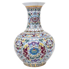 Large Chinese Famille Rose Dragon and Lotus Porcelain Vase
