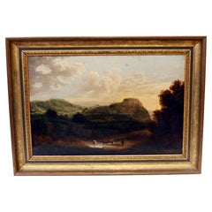 Victorian Oil Painting Pastoral Landscape with Cattle and Castle Ruins
