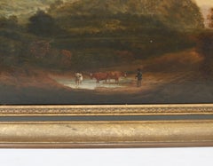 Victorian Oil Painting Pastoral Landscape with Cattle and Castle Ruins