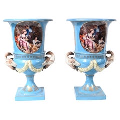 Pair French Porcelain Campana Urns Sevres Style Floral Vases