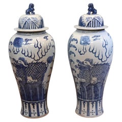 Pair Chinese Blue White Porcelain Lidded Vases Mythical Beast Dragon 4ft 109
