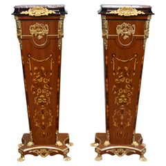 Pair French Pedestal Stands Louis XVI Revival Column Table Inlay