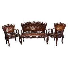 Chinese Hardwood Bench and Chair Set Suite Mother of Pearl 1900