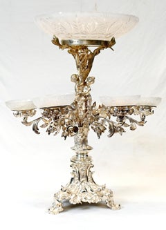 Victorian Silver Plated Centrepiece Rococo Epergne Cherub Cut Glass